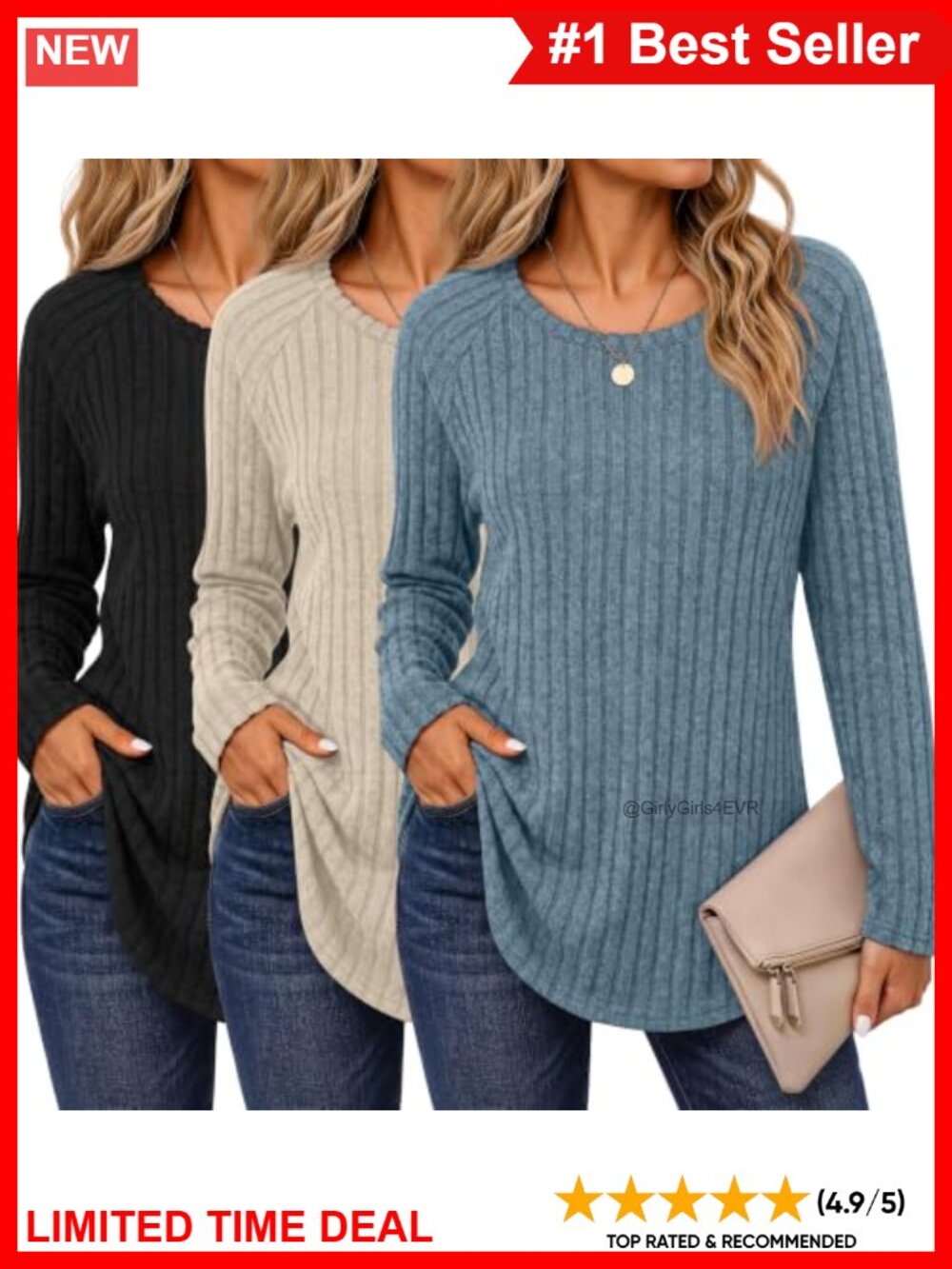 3 Pack Women's Long Sleeve Tunic Sweaters Ribbed Crew Neck Fall